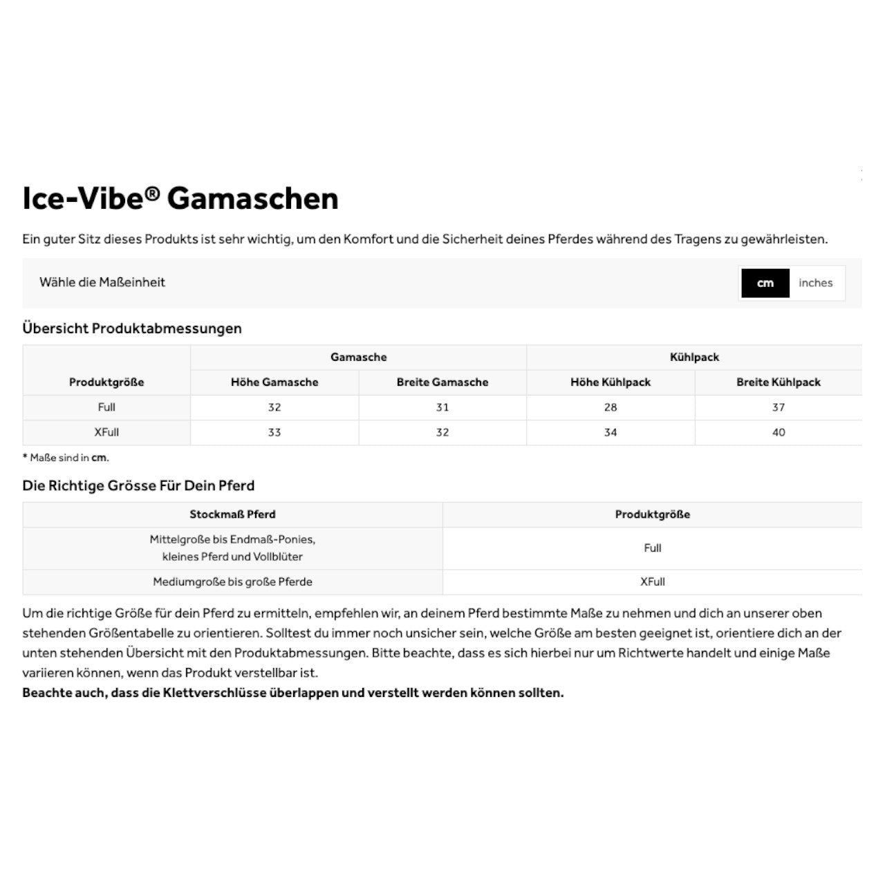 Horseware Ireland Kühlgamaschen Ice-Vibe Leg Wraps Gamaschen 2.0, Größentabelle mit Produktmaßen.