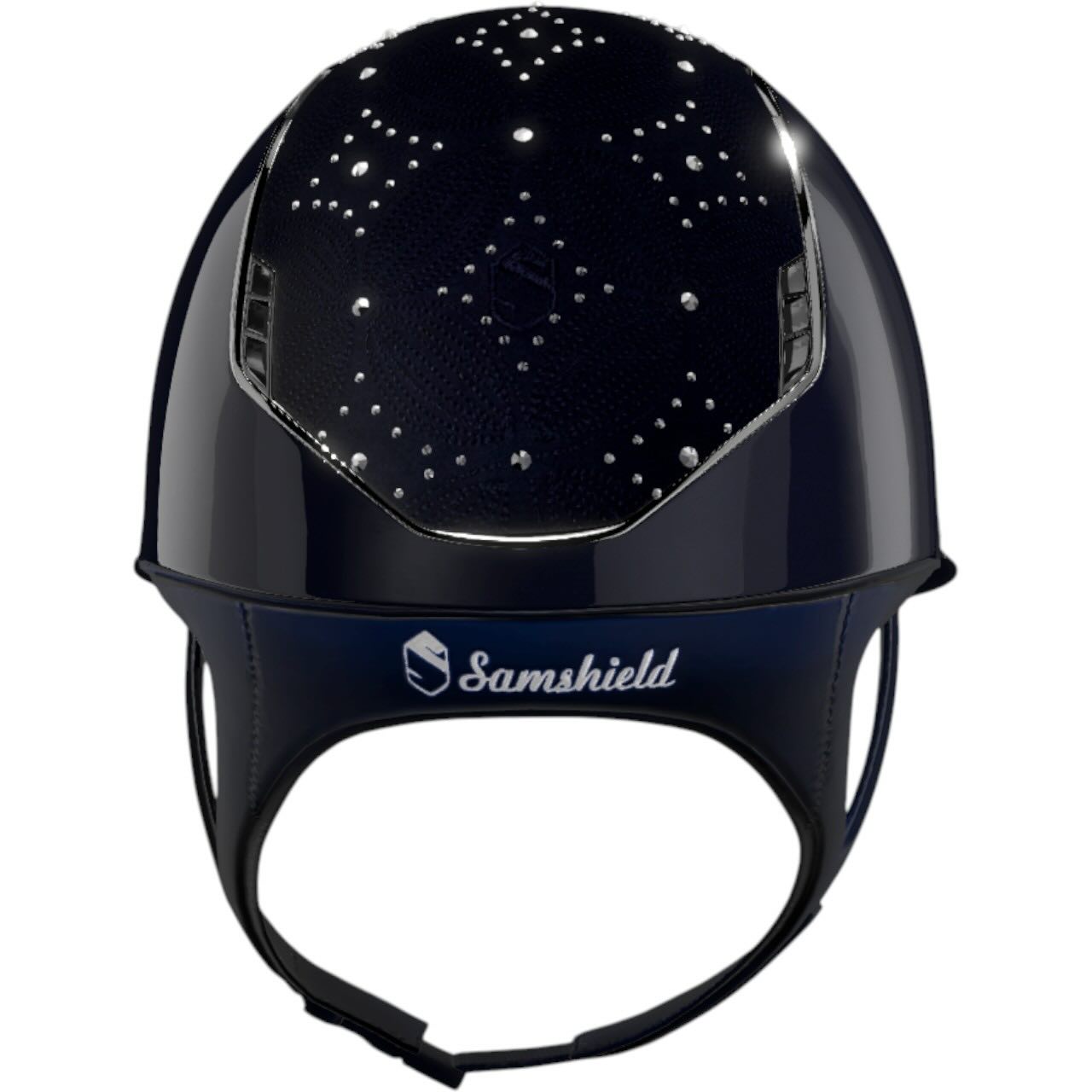 Reithelm Miss Shield 2.0 Glossy Blue Top + FB Celestial Crystal Navy Trim + Blason Black Chrome Konfiguration