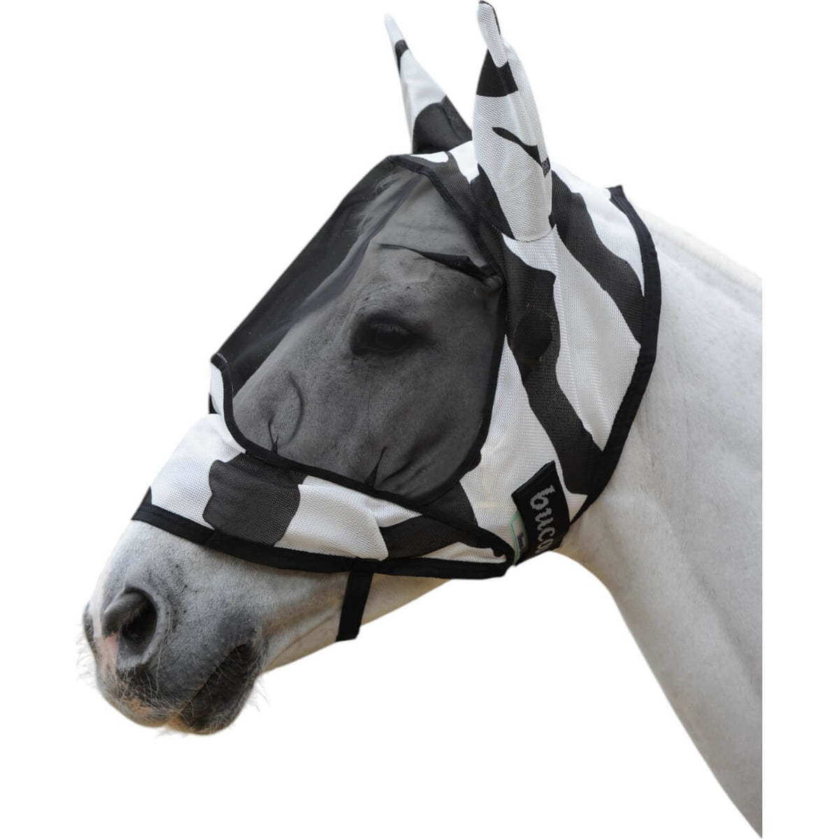 Bucas Fliegenmaske Buzz-Off Deluxe, with ears, Schwarz-Weiß, Pferd trägt die Maske.