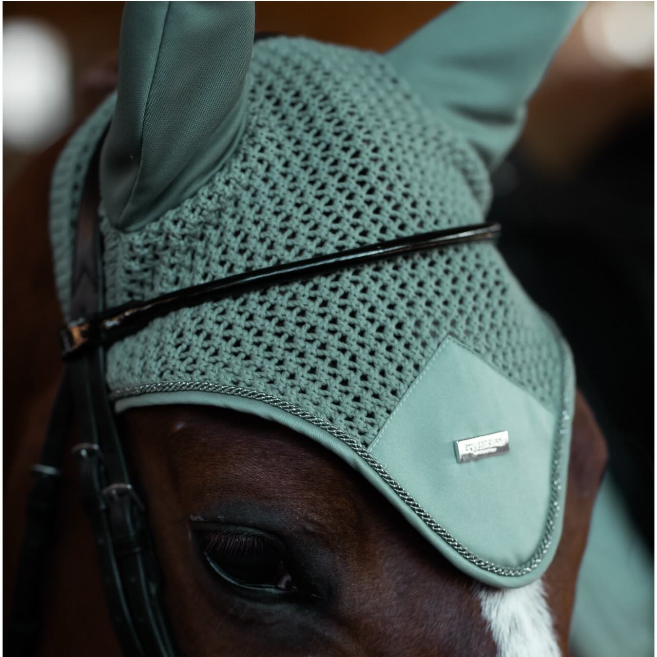 Equestrian Stockholm Fliegenhaube Mint Green Fliegenmütze, Mint Green, am Pferdekopf getragen.