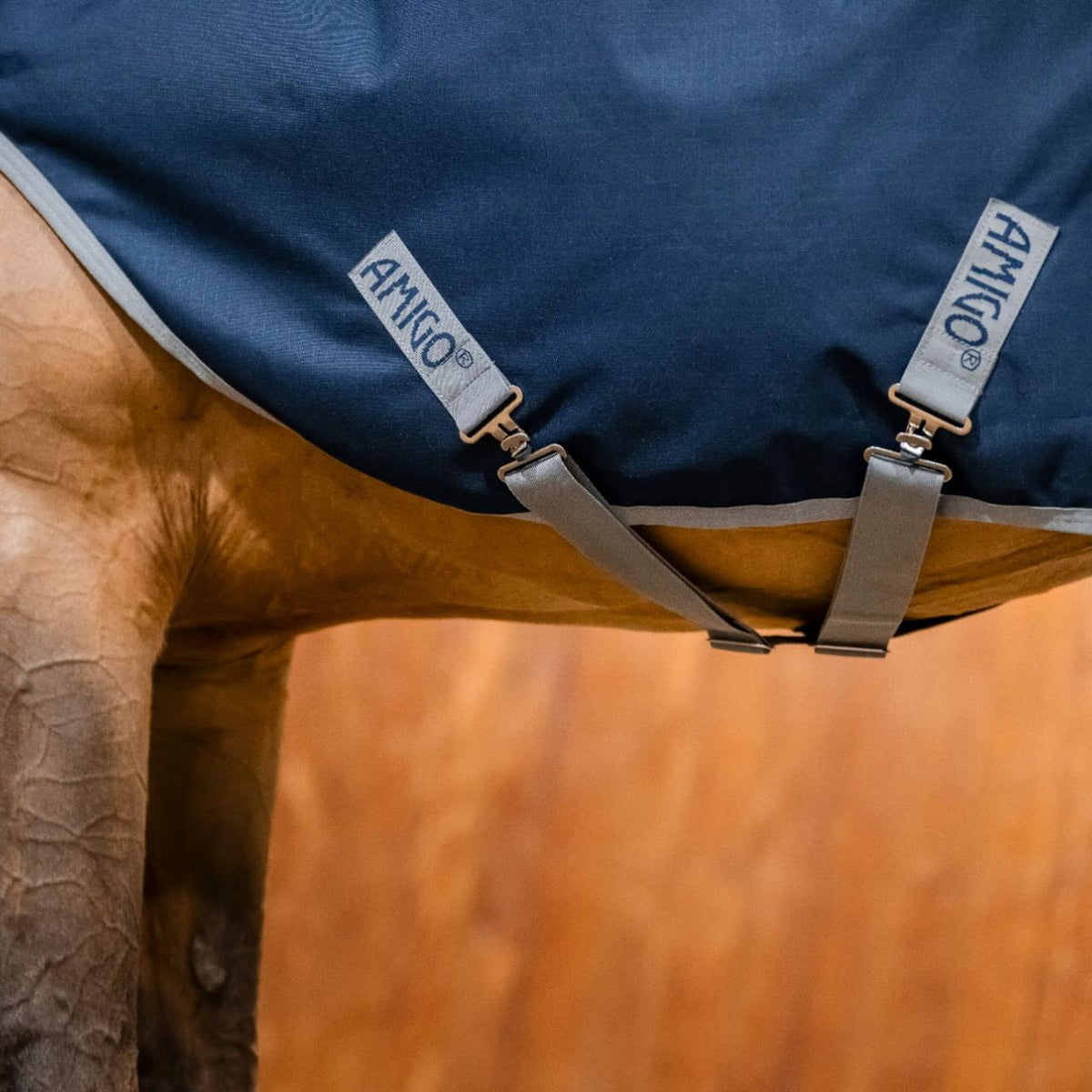 Horseware Ireland Führanlagendecke Amigo 100g Ripstop 900D Walker Rug, Marine, Detailaufnahme am Pferd.