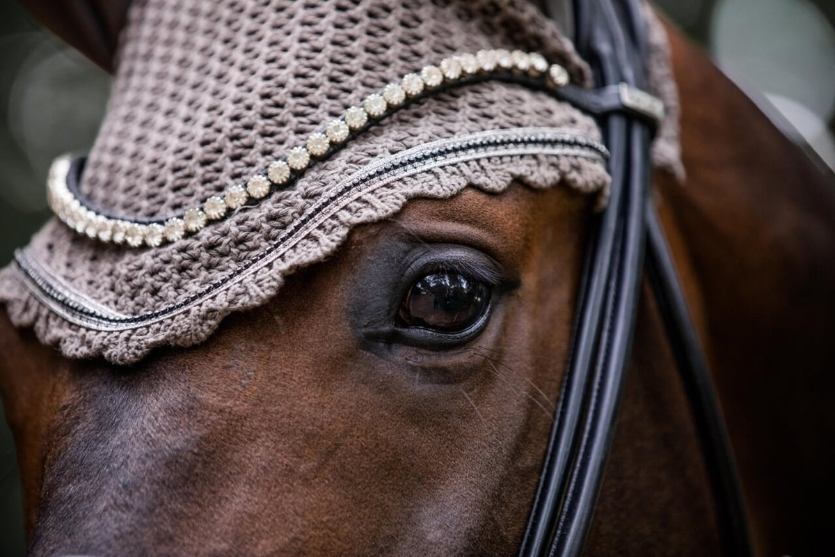 Cavallo Fliegenmütze CAVALJETTY Fliegenhaube, Beige, Detailaufnahme am Pferdekopf.
