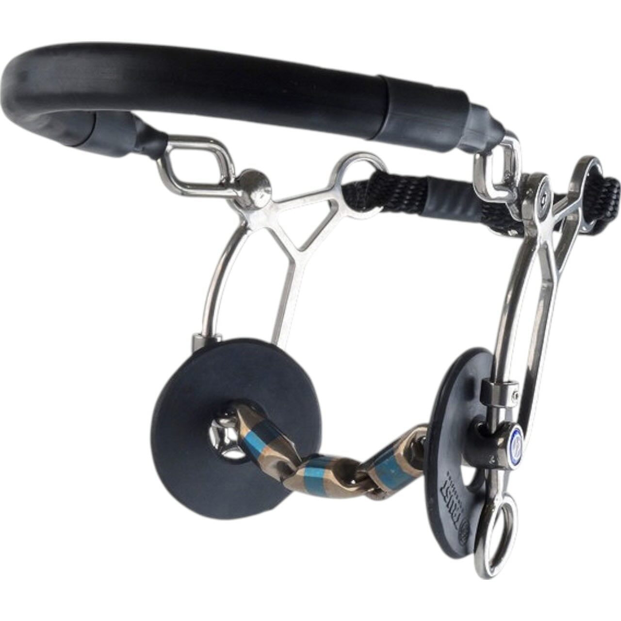 Trust Equestrian Hackamore Sweet Iron Kurz 16 mm Waterford Gebiss, Blau, Detailaufnahme des Gebisses.