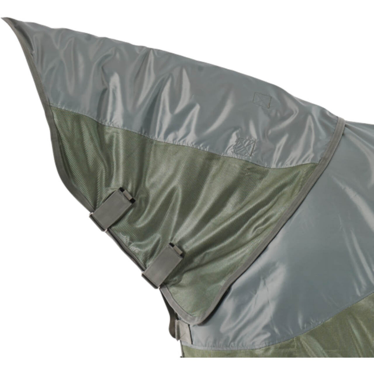 Halsteil Rainfly mit Klettverschluss, Grau, Detailaufnahme am Pferd.