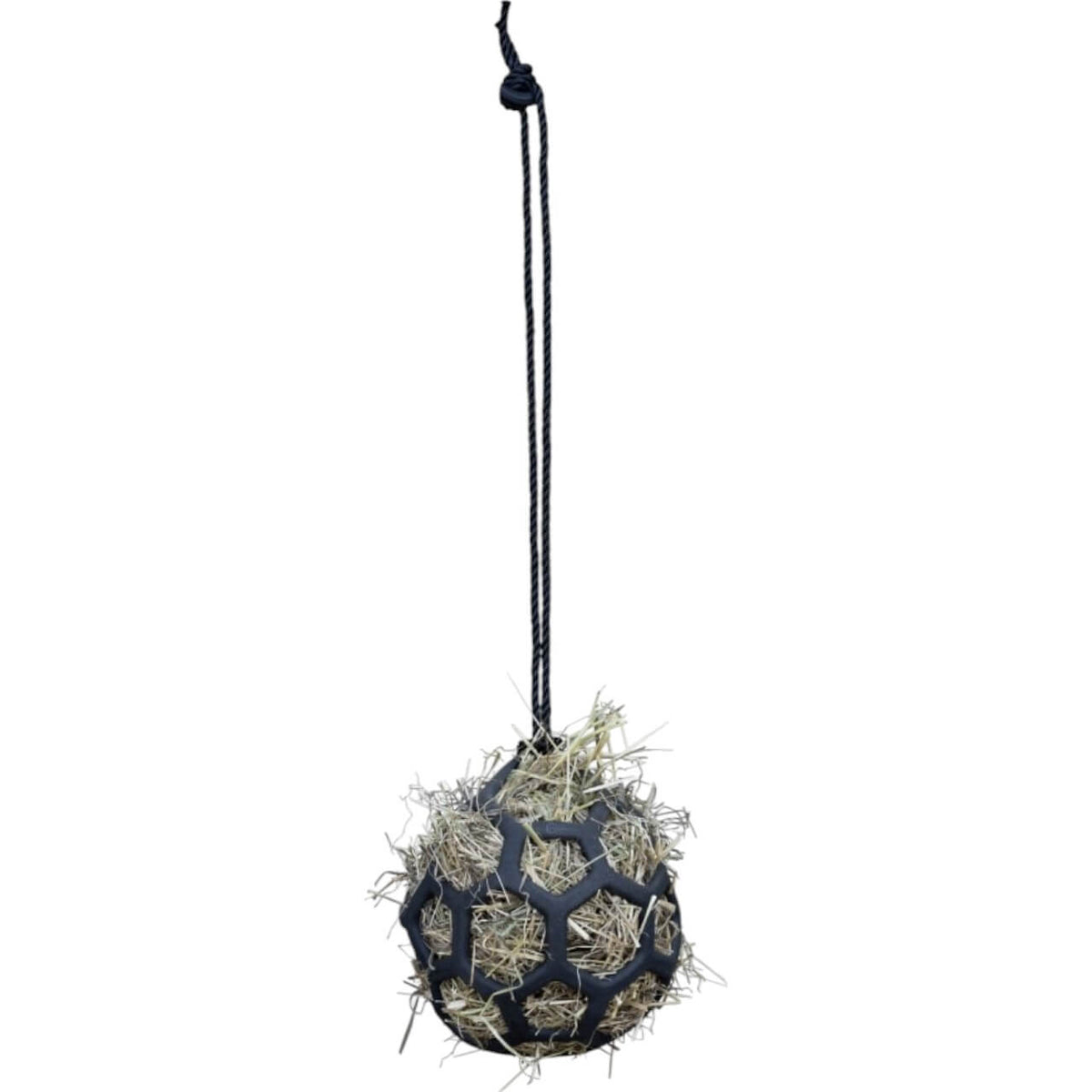 Kerbl Heuball Flex Futterspielball, Dunkelblau, Produkt allein mit Heu befüllt.