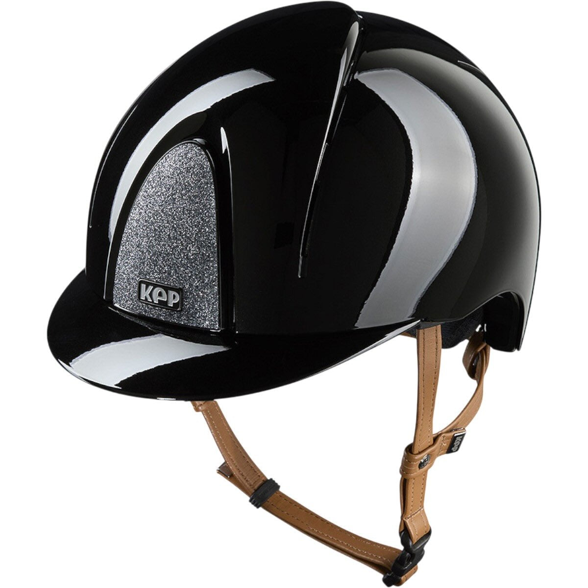 KEP Reithelm Smart Nova Metallpolitur Star Silver mit Beigen Kinnriemen, Black, Produkt allein auf weißem Hintergrund.