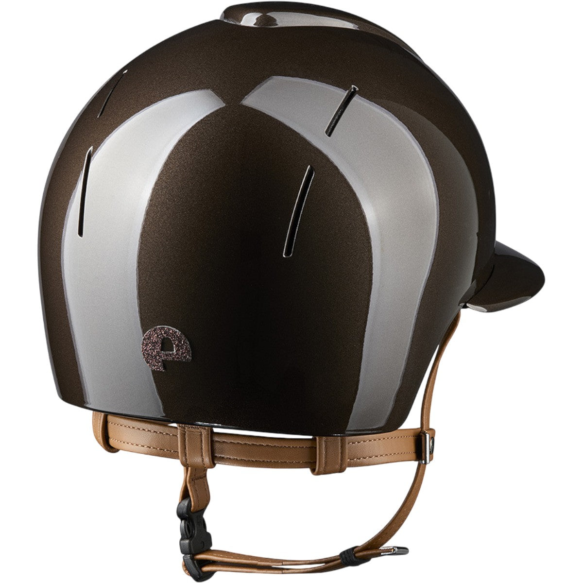 Reithelm Smart Nova Metallpolitur Polo Visier Star Brown mit Beigen Kinnriemen, braun, Produkt allein auf weißem Hintergrund.