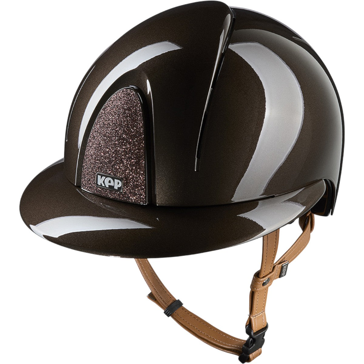 KEP Reithelm Smart Nova Metallpolitur Polo Visier Star Brown mit Beigen Kinnriemen, Brown, Produkt allein auf weißem Hintergrund.
