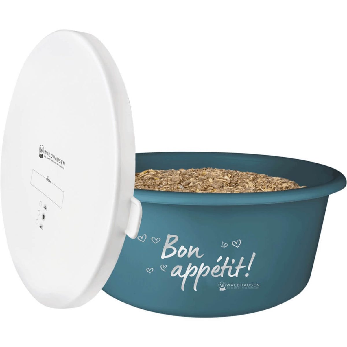 Waldhausen Müsli-Schale mit Deckel Futterschüssel, Petrolblau, Produkt allein mit geöffnetem Deckel und Futter.