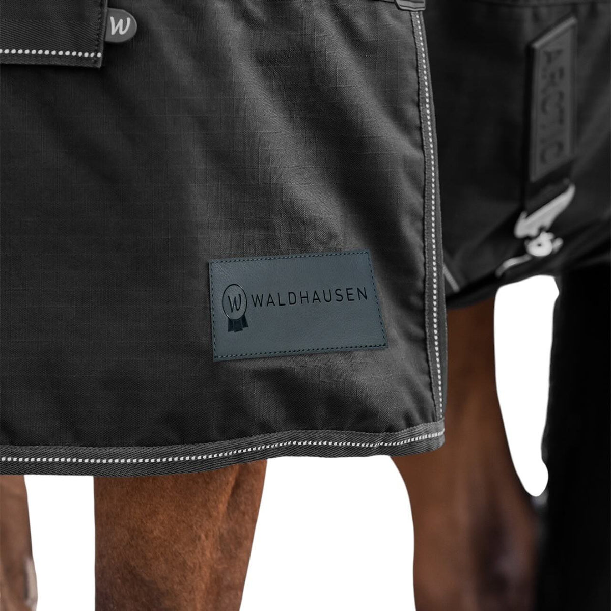 Waldhausen Outdoordecke 0g Arctic Light High Neck Regendecke, dunkelgrau, Detailaufnahme am Pferd.