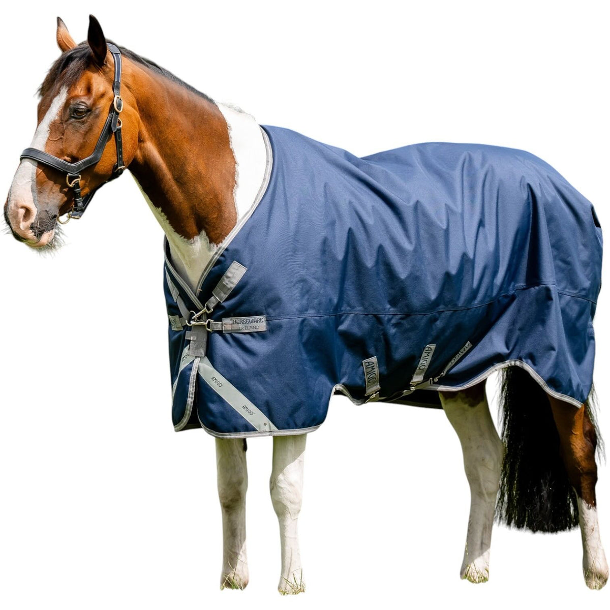Outdoordecke 50g + 100g + 200g Liner Amigo® Bravo 12 Bundle Weidedecke, Navy/Titanium Grey & Silver, Pferd trägt die Decke.