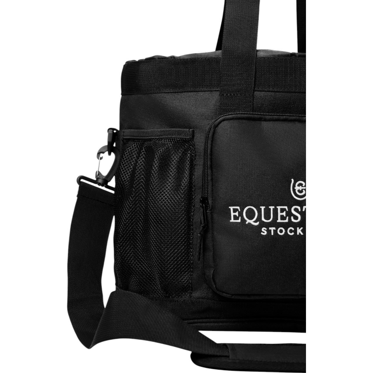 Equestrian Stockholm Putztasche Grooming Tasche, Schwarz, Detailaufnahme der Tasche auf weißem Hintergrund.