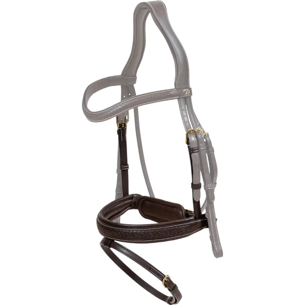 Dy'on Reithalfter Geflochten Medium mit Pull Trense, Dark Brown, Produkt allein auf weißem Hintergrund.