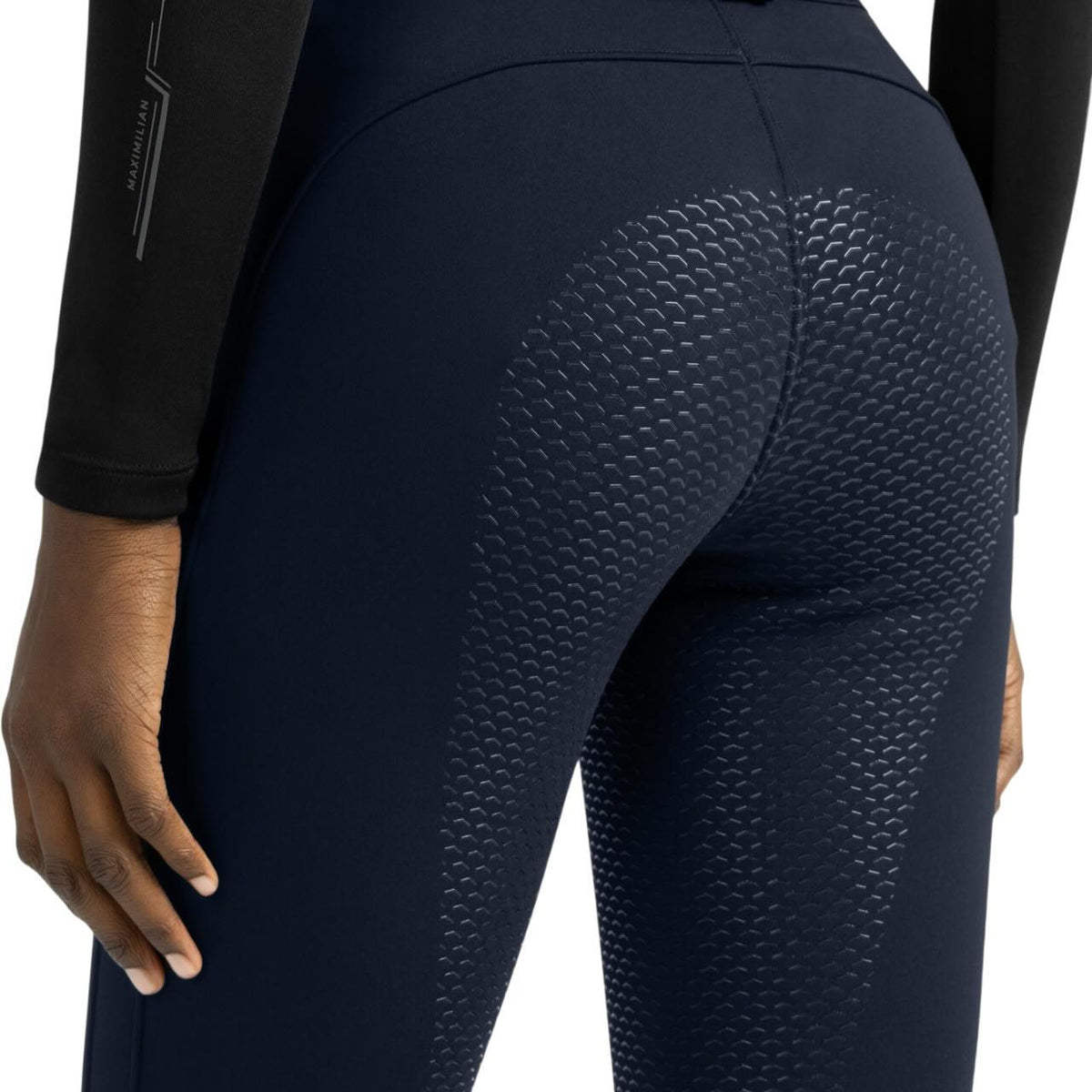 Reithose Damen Full-Grip Arctic Fleeced Breeches, Dunkelblau, Detailaufnahme am getragenen Modell.