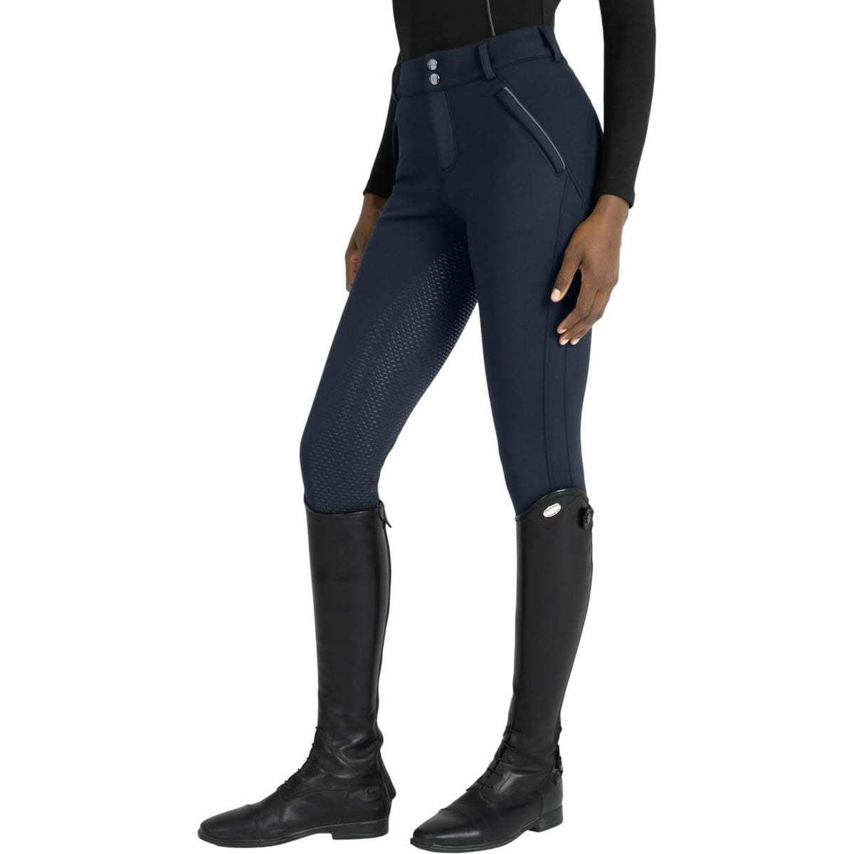 Reithose Damen Full-Grip Arctic Fleeced Breeches, Dunkelblau, an Frau getragen.