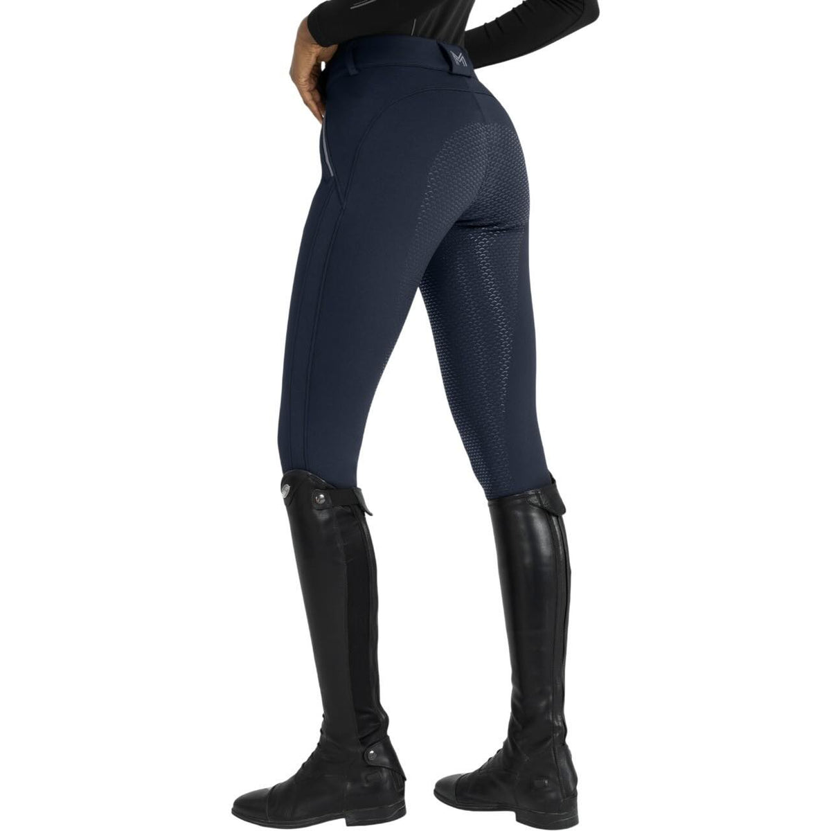 Maximilian Equestrian Reithose Damen Full-Grip Arctic Fleeced Breeches, Dunkelblau, Person trägt die Reithose.