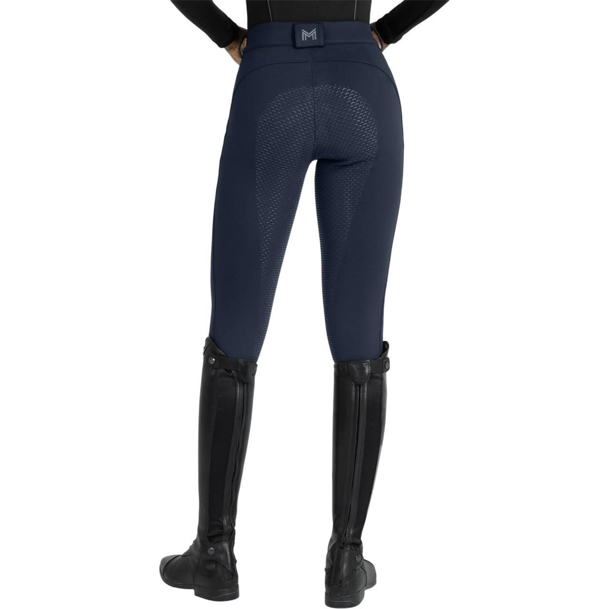 Maximilian Equestrian Reithose Damen Full-Grip Arctic Fleeced Breeches, Dunkelblau, Person trägt die Reithose von hinten.