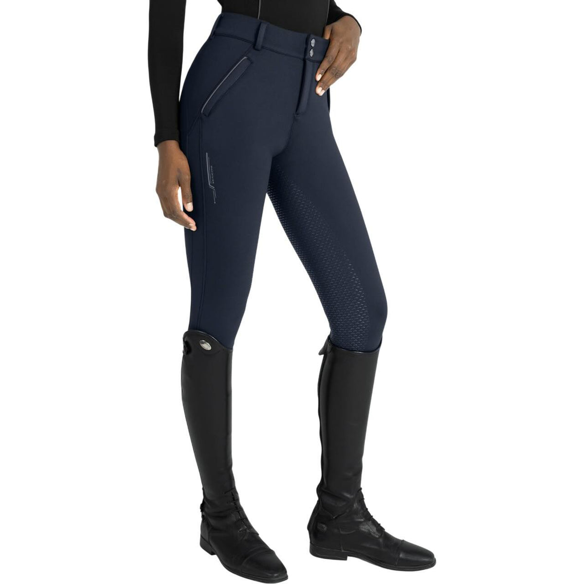 Reithose Damen Full-Grip Arctic Fleeced Breeches, dunkelblau, an Model getragen.