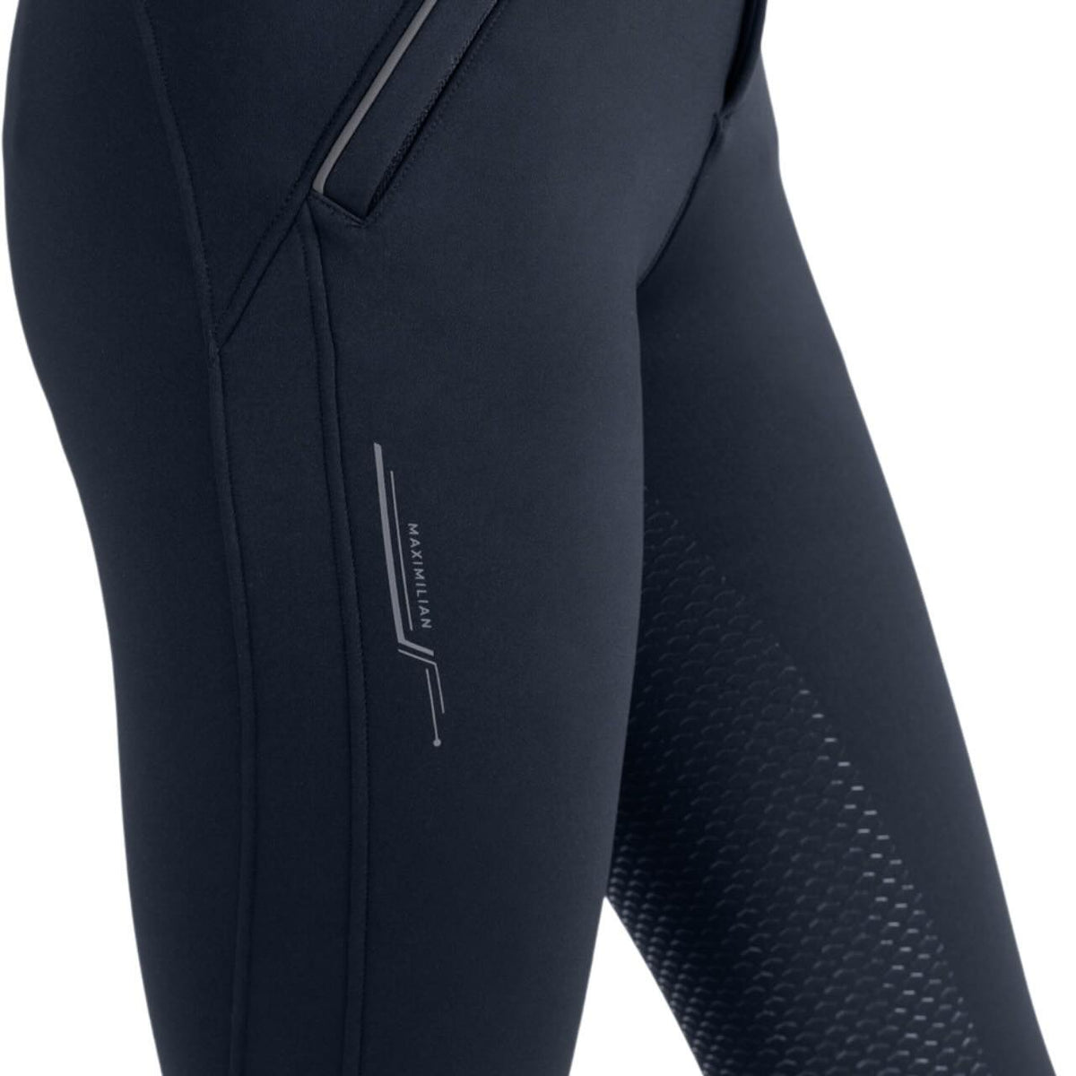 Maximilian Equestrian Reithose Damen Full-Grip Arctic Fleeced Breeches, Schwarz, Detailaufnahme der Reithose.