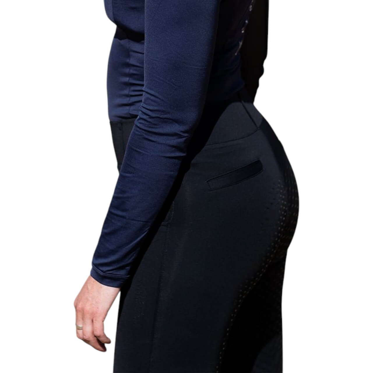Reithose Damen Full-Grip Compression Supreme Dressur Hose, Dunkelblau, Person trägt die Reithose.