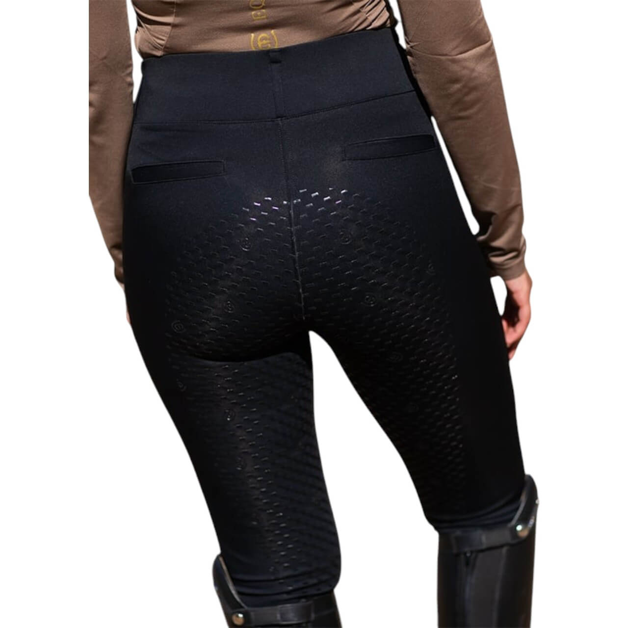 Reithose Damen Full-Grip Compression Supreme Dressur Hose, Schwarz, Person trägt das Produkt.