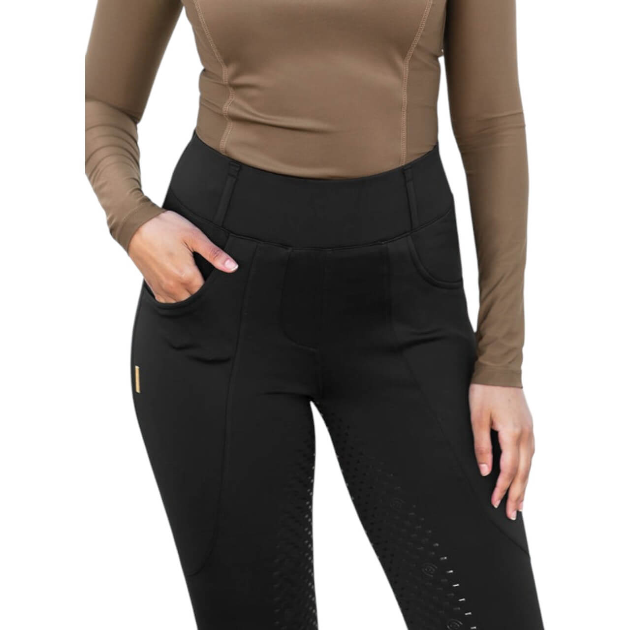 Reithose Damen Full-Grip Compression Supreme Dressur Hose, Schwarz, Person trägt die Reithose.