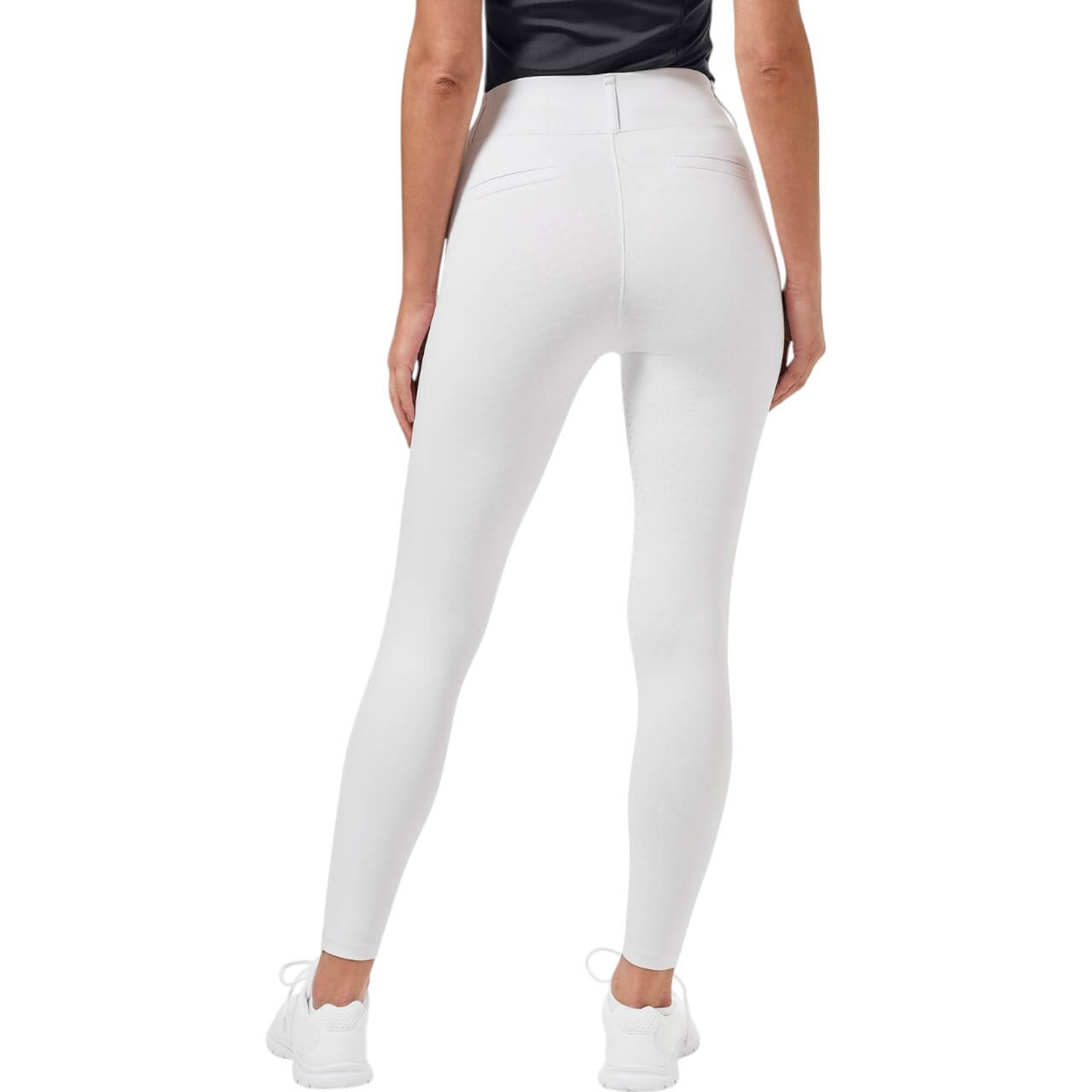 Reithose Damen Full-Grip Compression Supreme Dressur Hose, Weiß, Frau trägt die Hose.