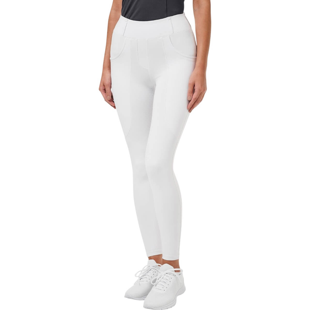 Reithose Damen Full-Grip Compression Supreme Dressur Hose, Weiß, an Model getragen.