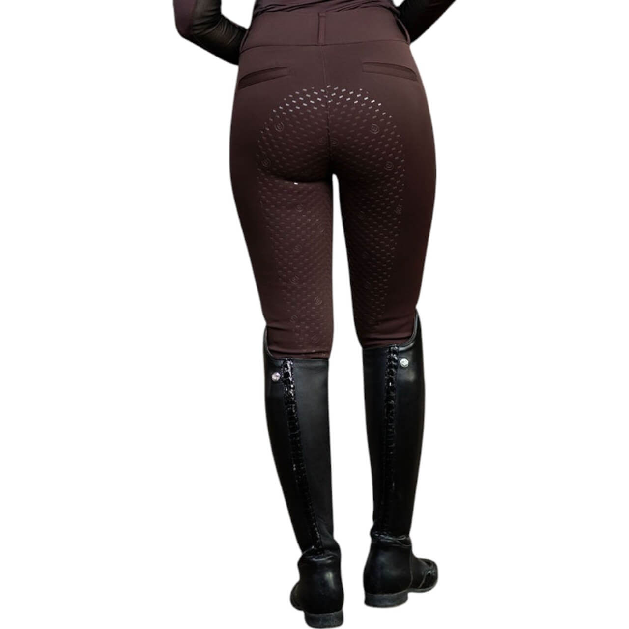 Reithose Damen Full-Grip Compression Supreme Dressur Hose, Dunkelbraun, Person trägt das Produkt.
