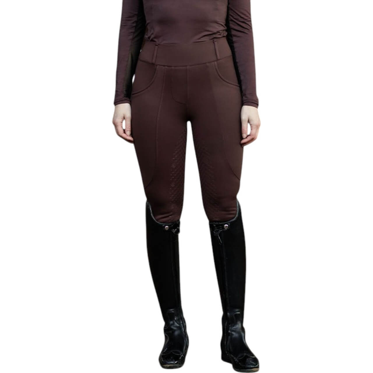 Reithose Damen Full-Grip Compression Supreme Dressur Hose, dunkelbraun, Person trägt das Produkt.