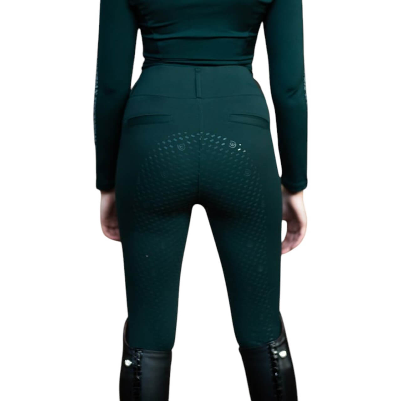 Reithose Damen Full-Grip Compression Supreme Dressur Hose, Dunkelgrün, Person trägt die Hose von hinten.
