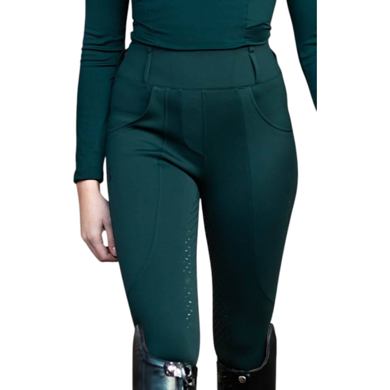 Reithose Damen Full-Grip Compression Supreme Dressur Hose, Dunkelgrün, Person trägt die Reithose.