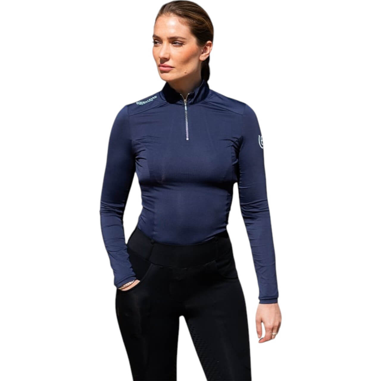 Equestrian Stockholm Reithose Damen Full-Grip Compression Supreme Dressur Hose, Navy, Frau trägt sie.