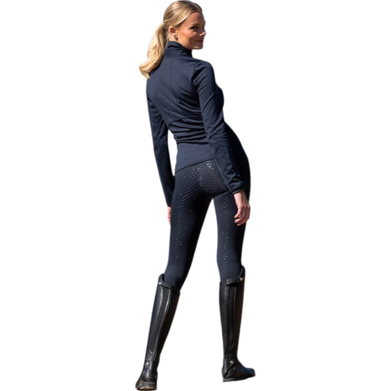 Reithose Damen Full-Grip Compression Supreme Dressur Hose, Dunkelblau, an Reiterin getragen.