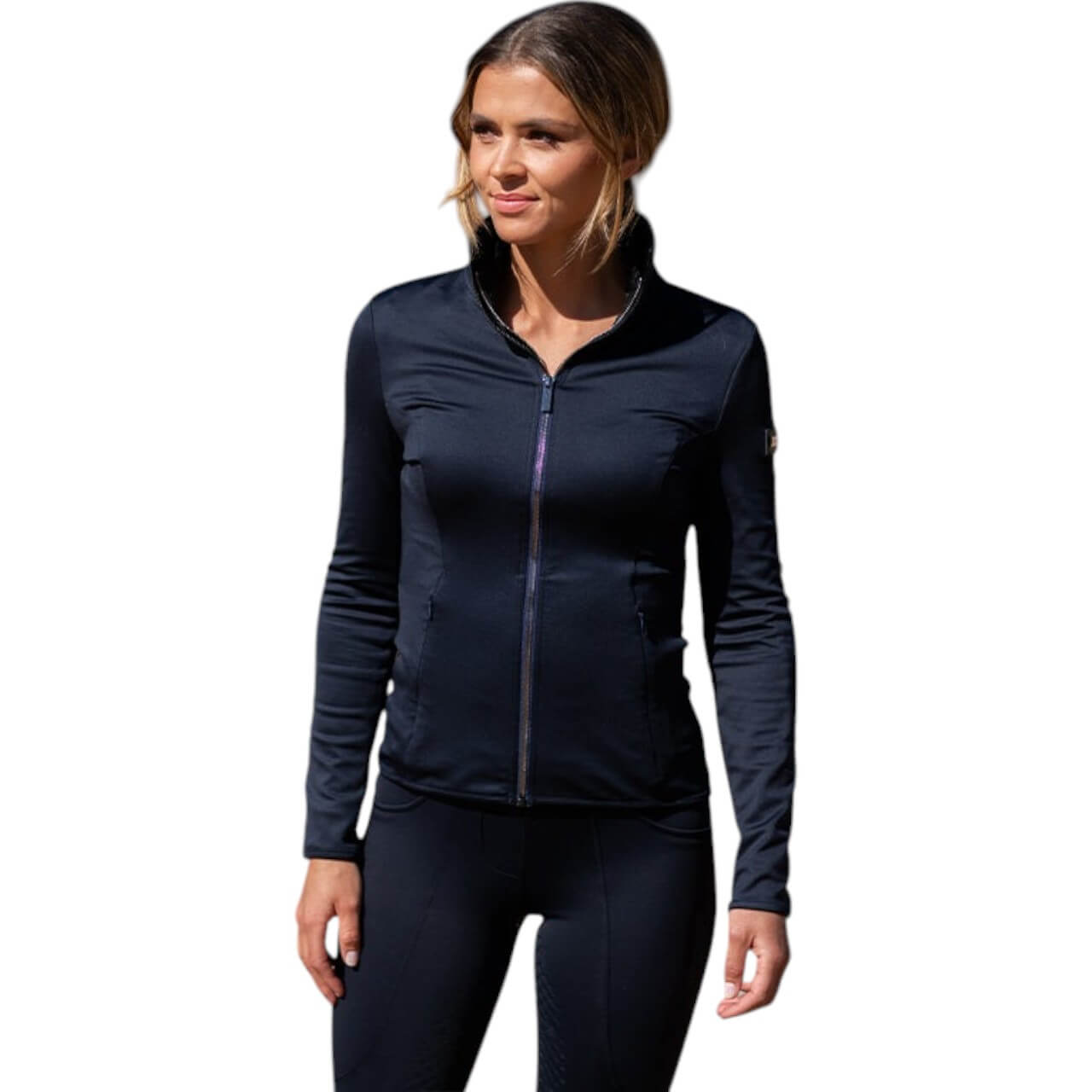 Reithose Damen Full-Grip Compression Supreme Dressur Hose, Dunkelblau, Frau trägt das Produkt.