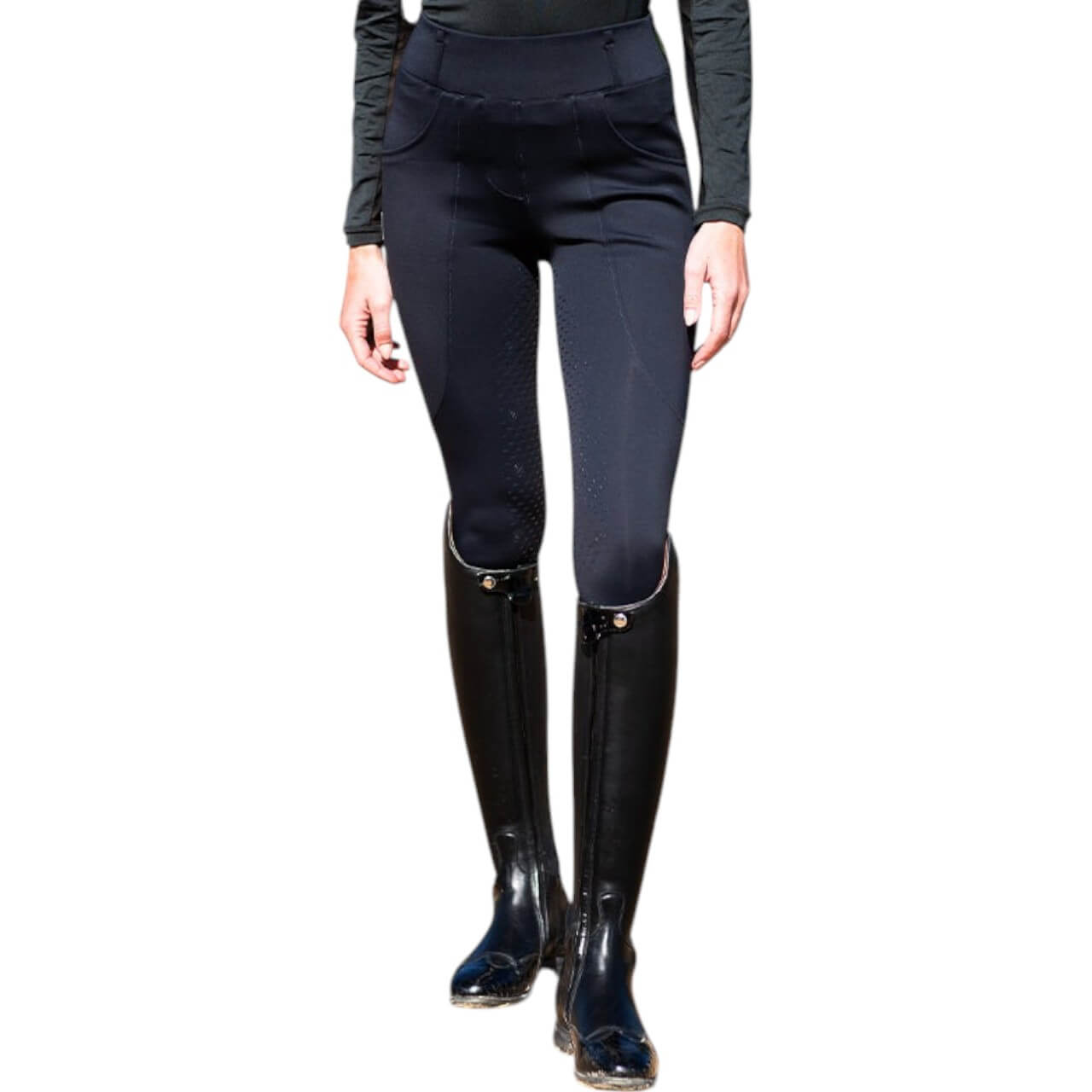 Reithose Damen Full-Grip Compression Supreme Dressur Hose, Schwarz, an Person getragen.