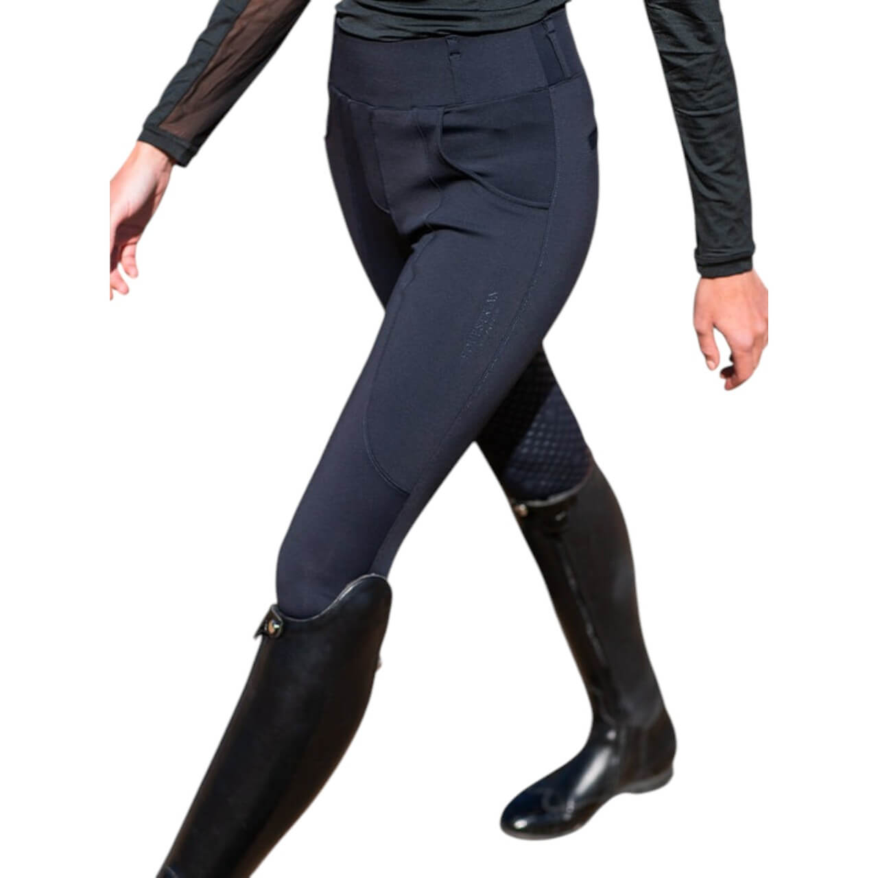 Equestrian Stockholm Reithose Damen Full-Grip Compression Supreme Dressur Hose, Dunkelblau, Person trägt das Produkt.