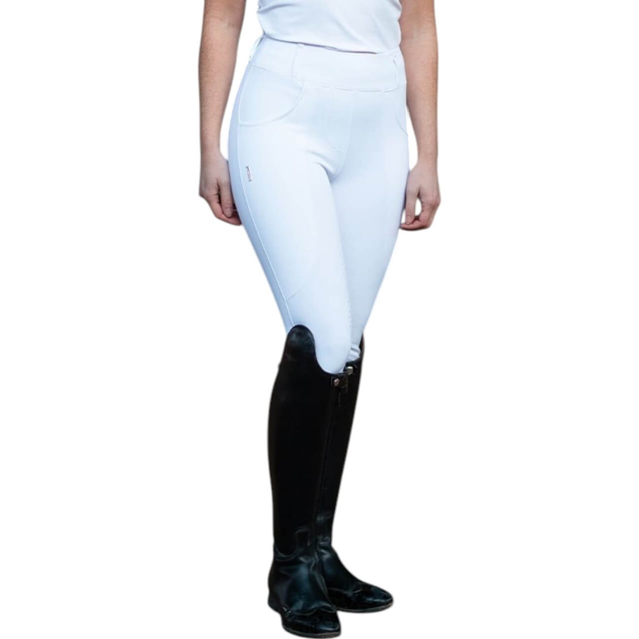 Reithose Damen Full-Grip Compression Supreme Dressur Hose, Weiß, Person trägt das Produkt mit Reitstiefeln.