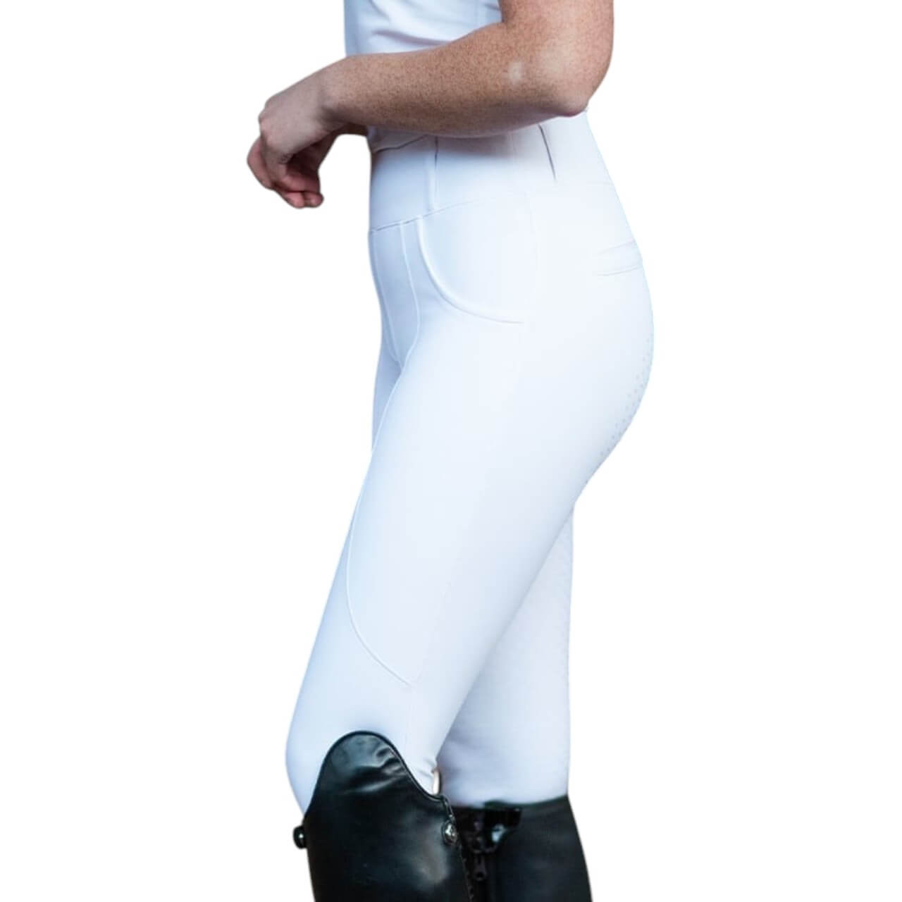 Reithose Damen Full-Grip Compression Supreme Dressur Hose, weiß, an Person getragen.
