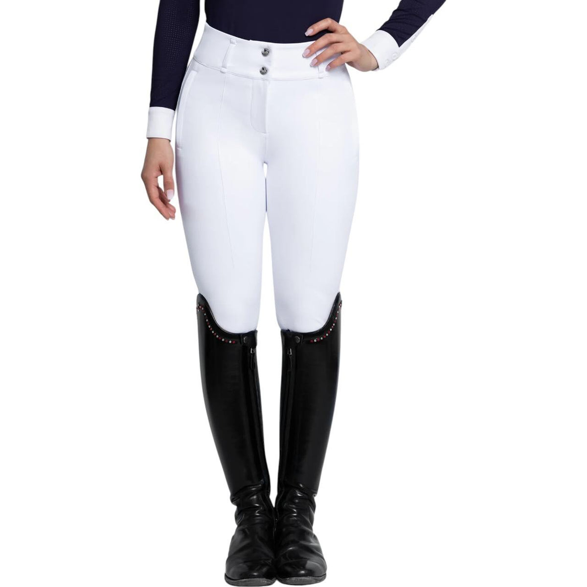 Reithose Damen Full-Grip Honour Damenreithose, White, Person trägt die Reithose.
