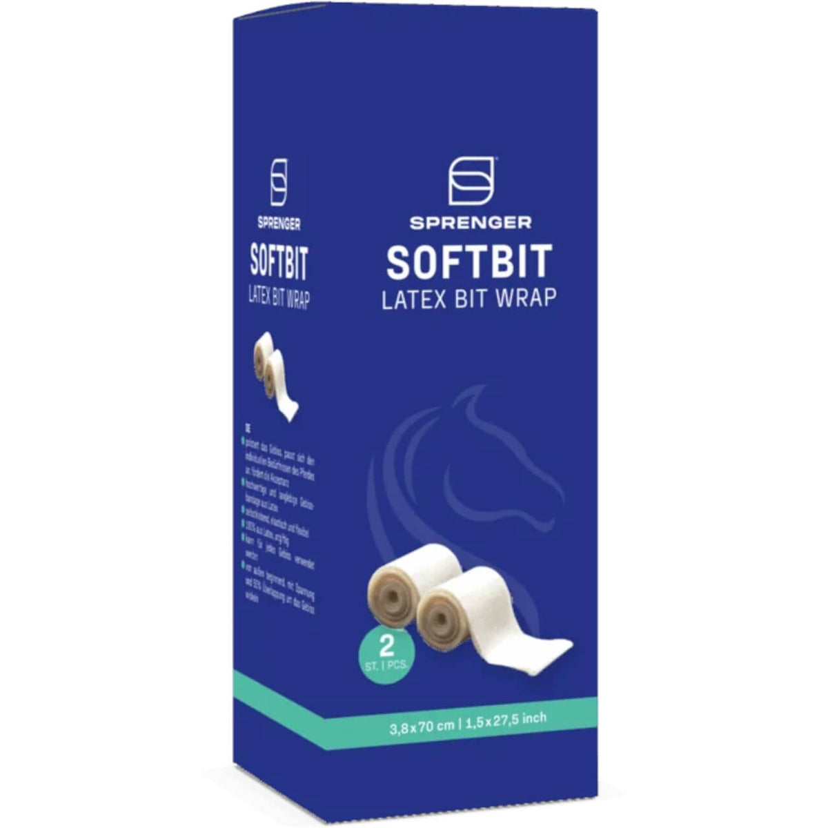 Sprenger Gebissbandage Softbit Latex Bandage, Produktverpackung in Blau mit zwei Rollen auf weißem Hintergrund.