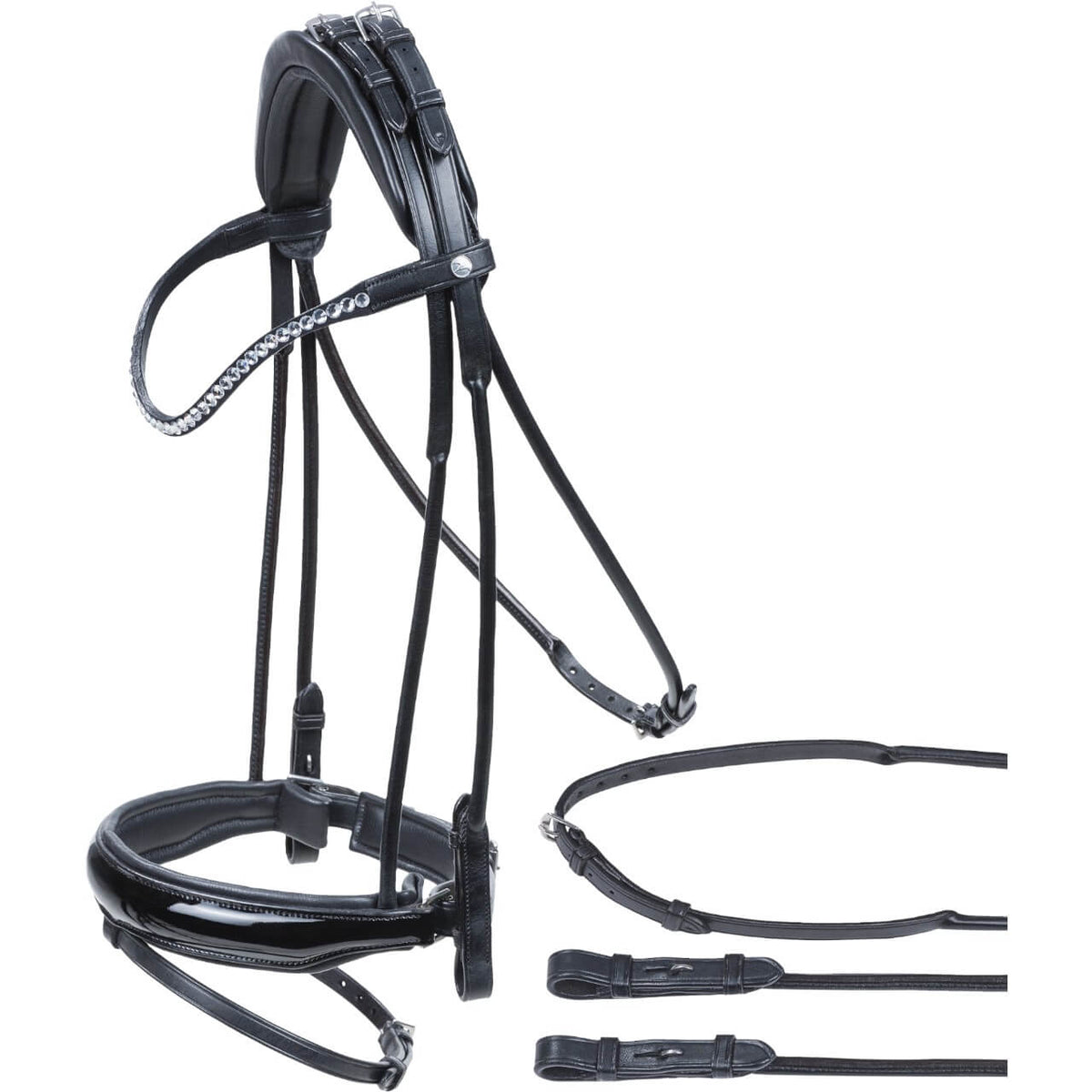 Trense Passage Line RP Trensenzaum, Schwarz, Produkt allein mit Zügeln auf weißem Hintergrund.