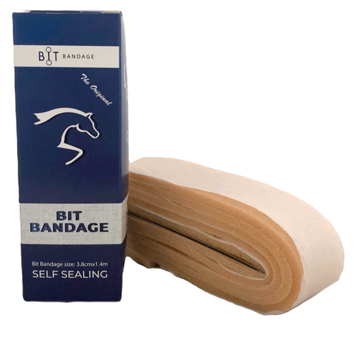 BIT Bandage Gebissschutz, Beige, Produktverpackung mit Bandage und Rolle.