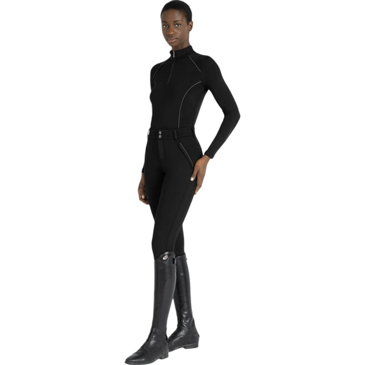 Reithose Damen Full-Grip Arctic Fleeced Breeches, Schwarz, an Model getragen.