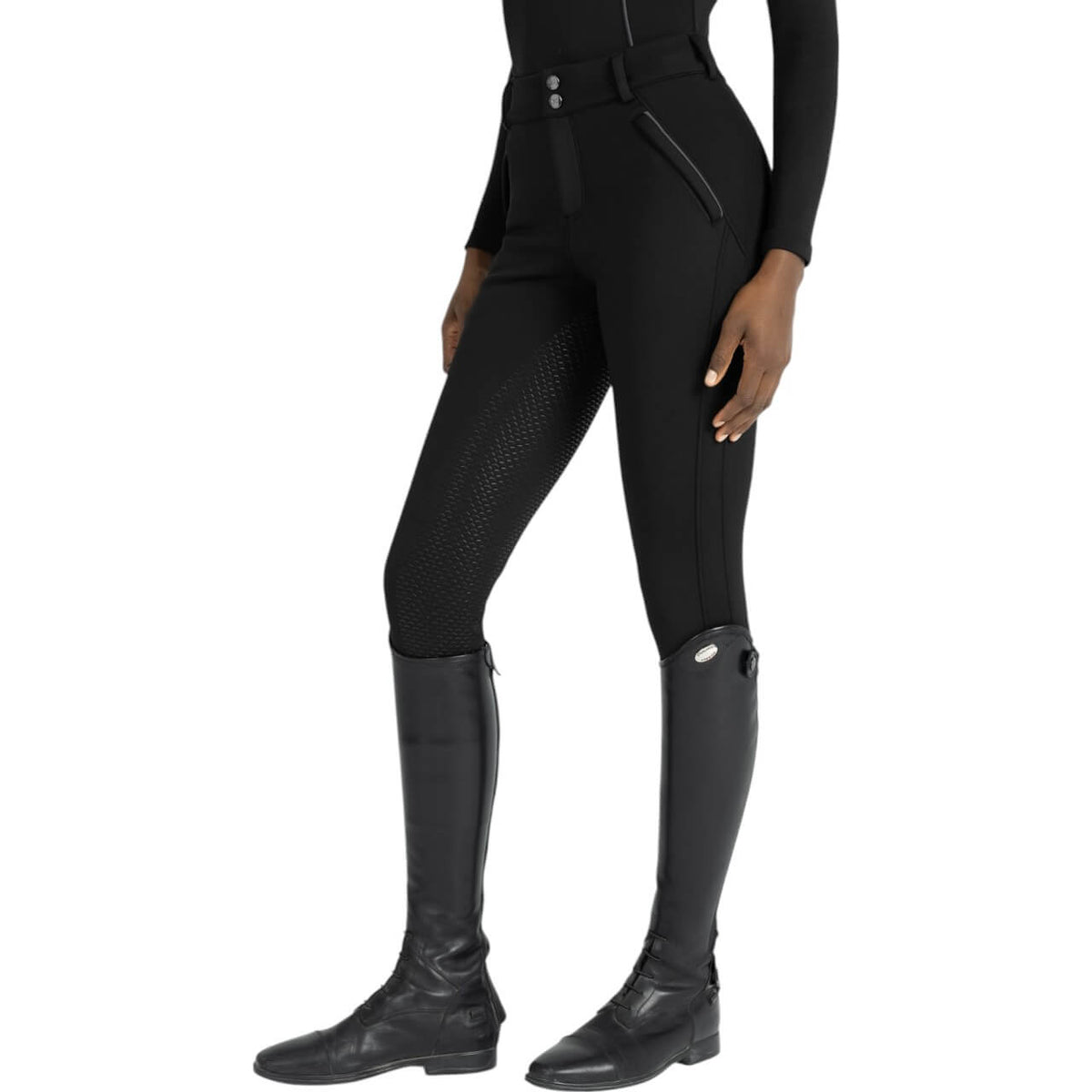 Reithose Damen Full-Grip Arctic Fleeced Breeches, Schwarz, an Person im Stehen.