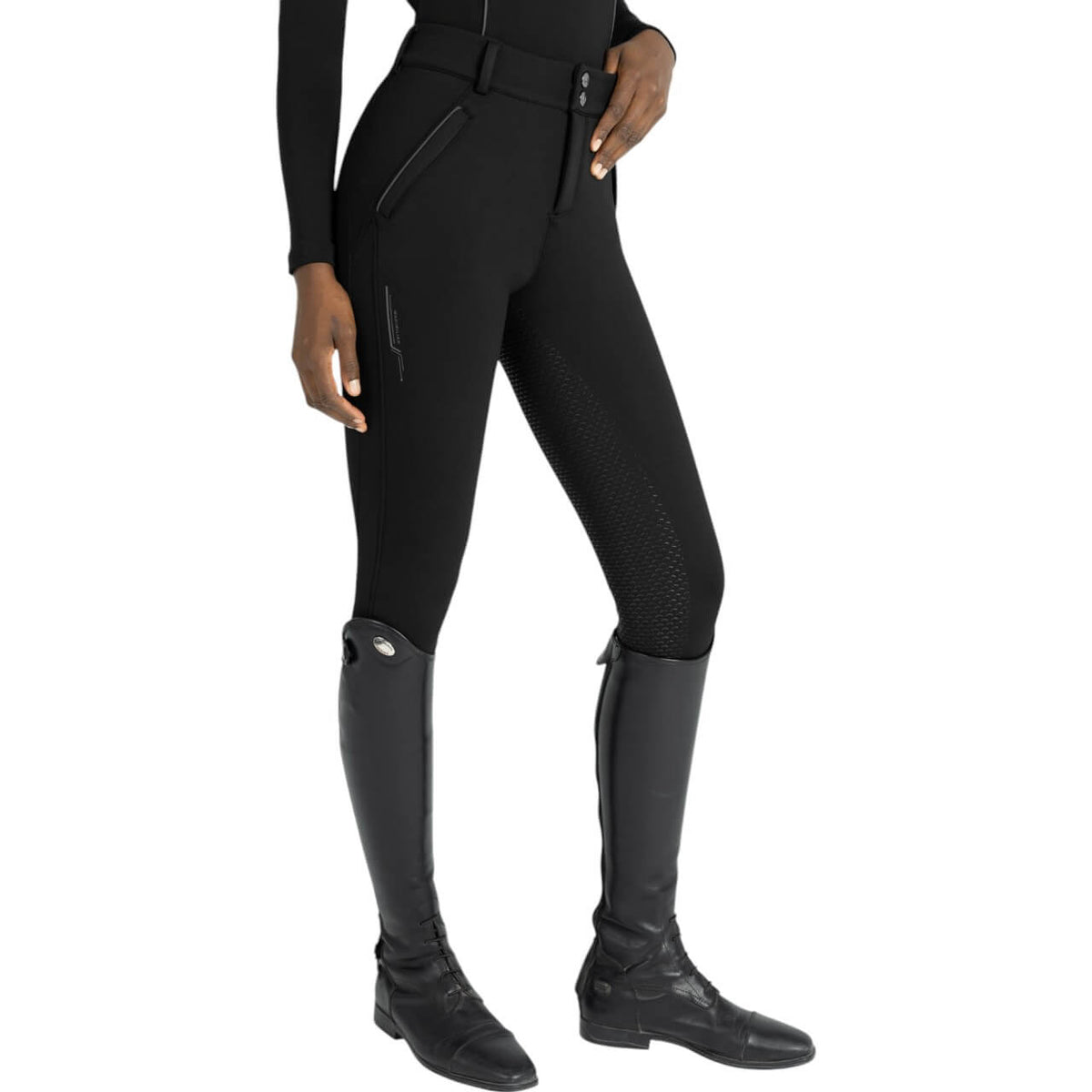 Reithose Damen Full-Grip Arctic Fleeced Breeches, Schwarz, Person trägt die Reithose im Ganzkörperbild.