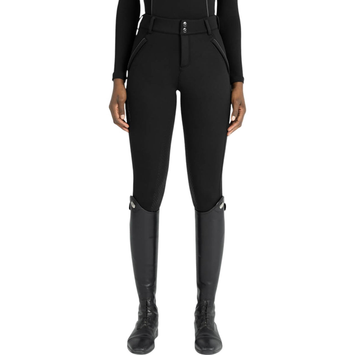 Reithose Damen Full-Grip Arctic Fleeced Breeches, Black, Person trägt Reithose.
