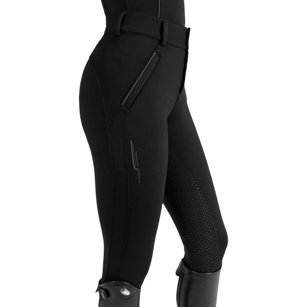 Maximilian Equestrian Reithose Damen Full-Grip Arctic Fleeced Breeches, Schwarz, Detailaufnahme am Modell.