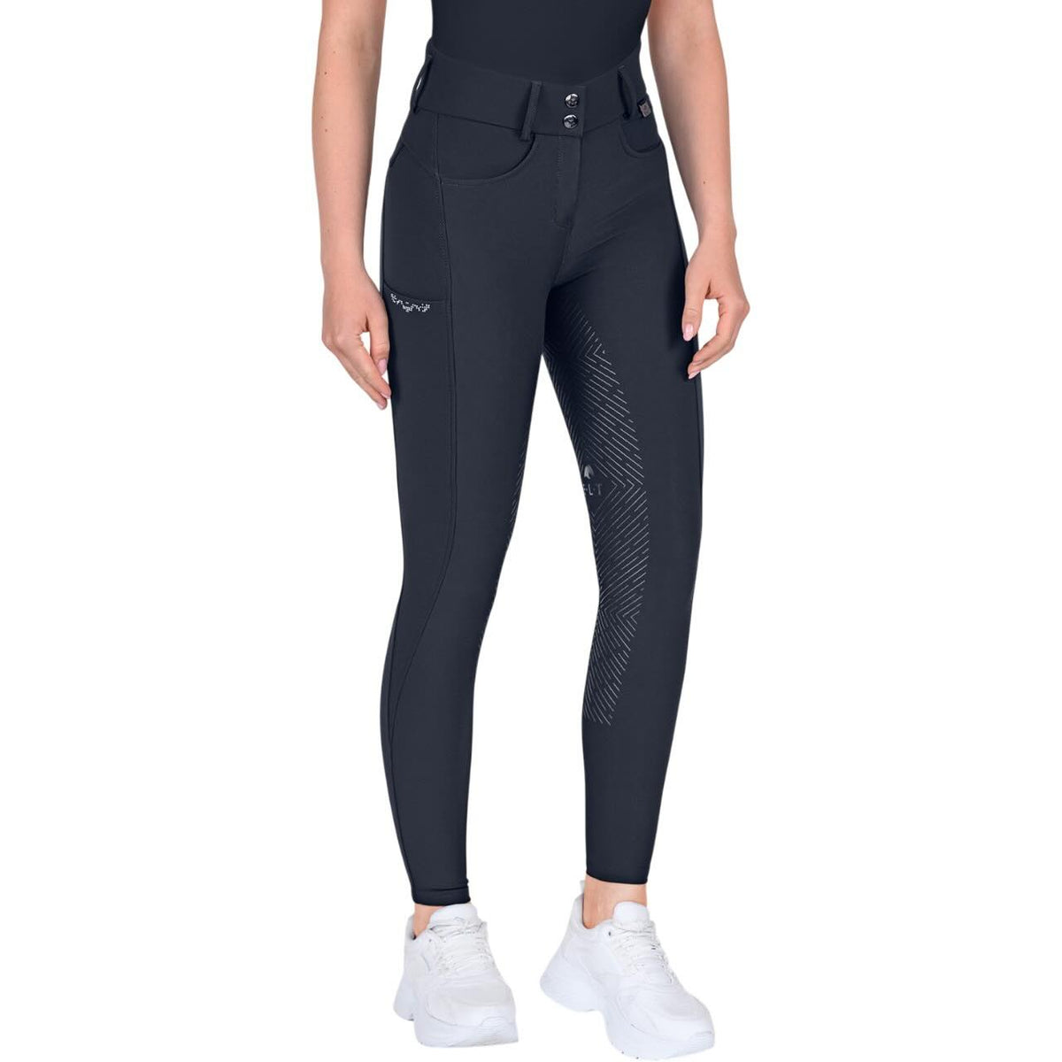 E.L.T Reithose Damen Full-Grip Comfort Ride Glam HW 2025 Damenreithose, Tiefblau, Person trägt die Reithose.