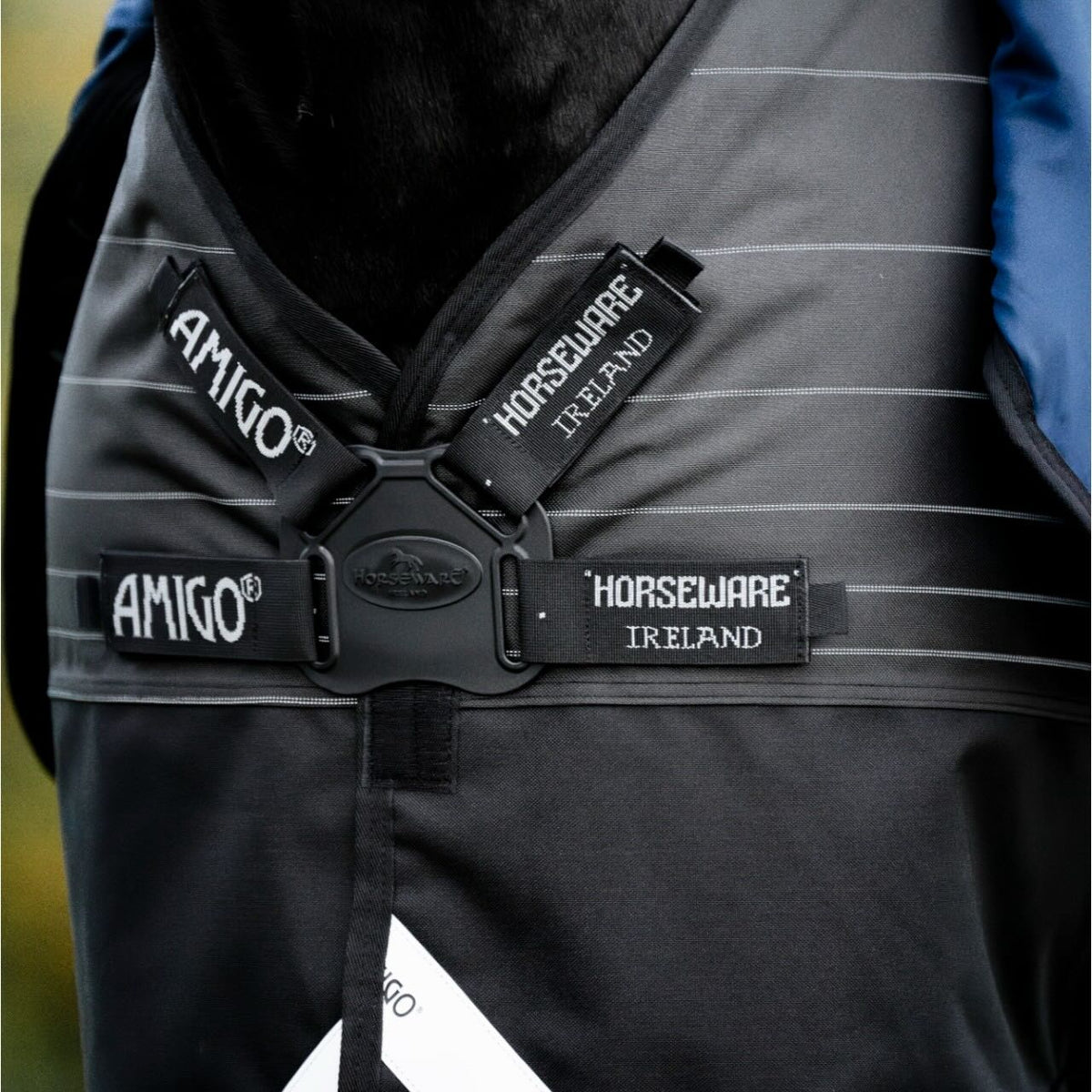 Horseware Ireland Weidedecke Amigo 0g 1200D Field Safe Reflectech Plus Turnout Decke, Pferd trägt Decke mit Verschlüssen.